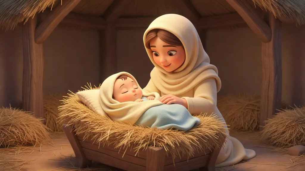 María acuesta al niño Jesús en un pesebre, ilustración de Lucas 2:7