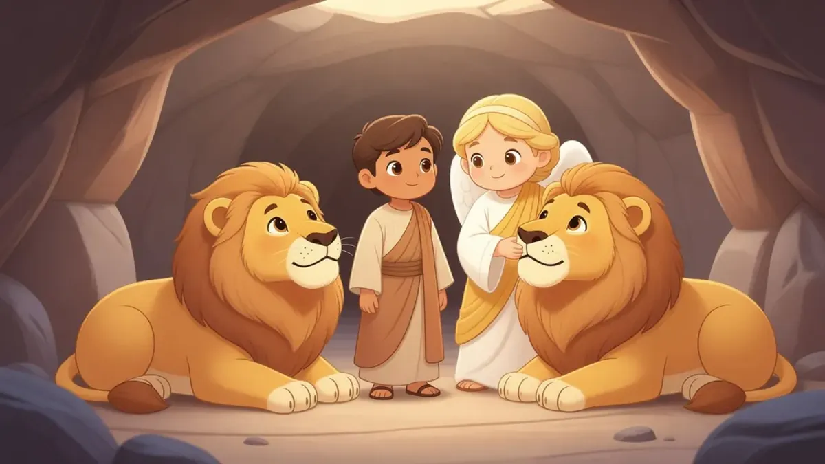 Daniel tranquilo junto a leones mansos y un ángel
