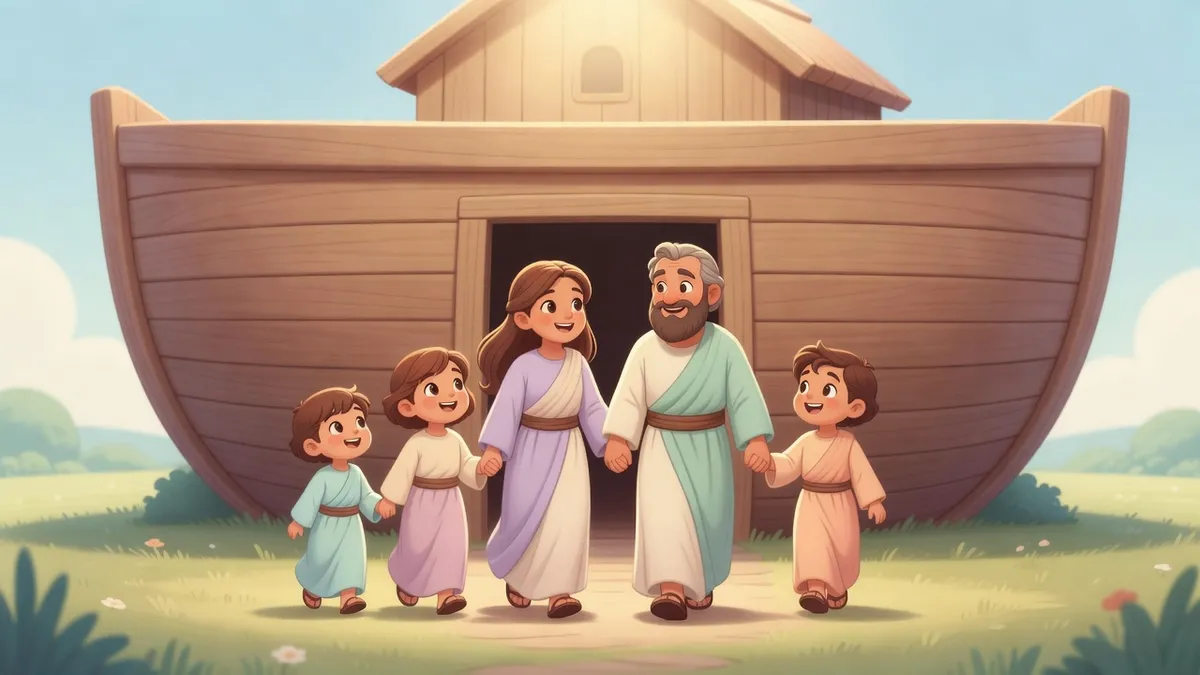 Noé y su familia entrando al arca con los animales