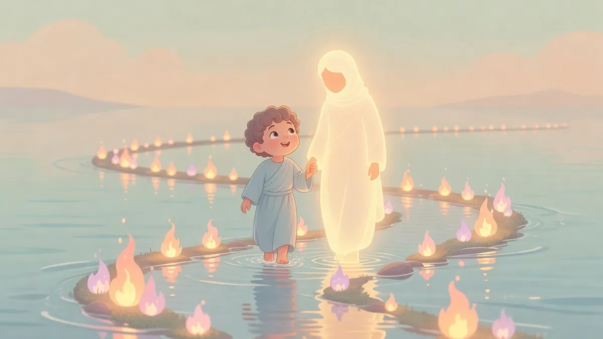 Ilustración infantil del versículo Isaías 43:2