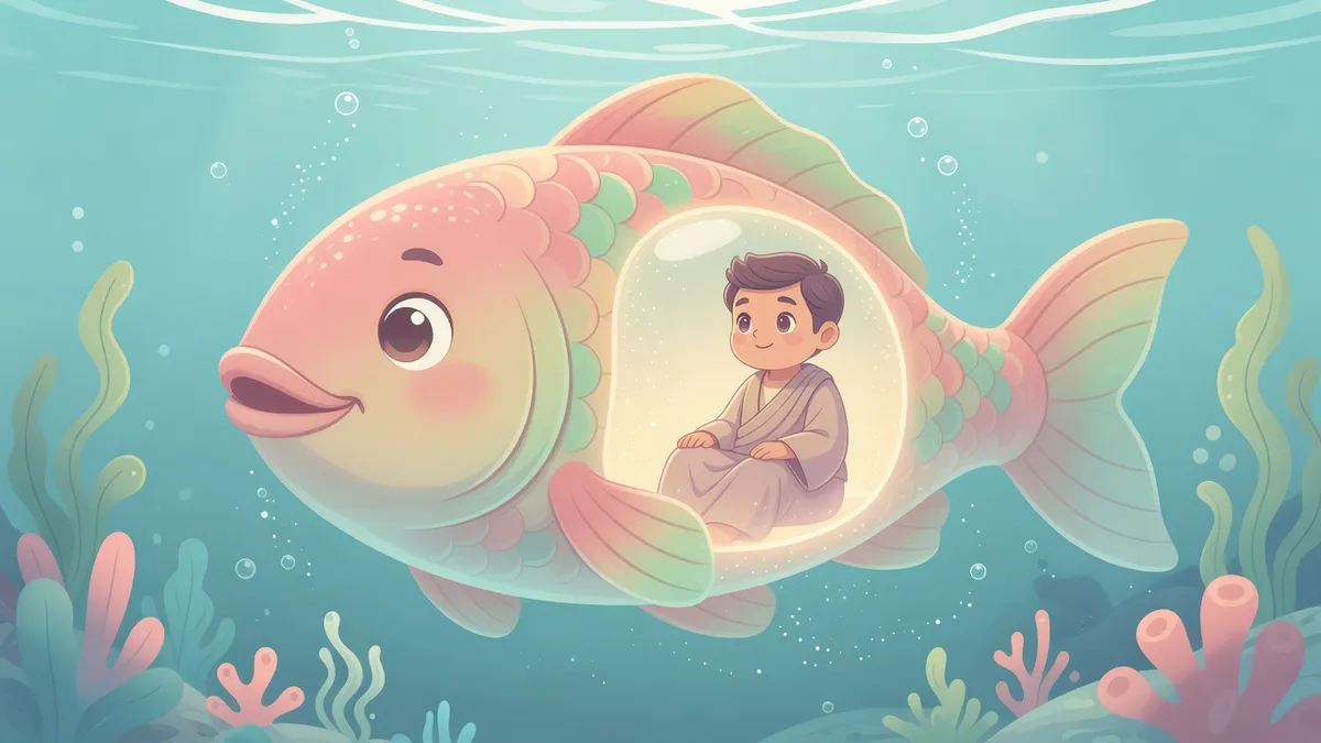 Jonás dentro de un gran pez bajo el mar