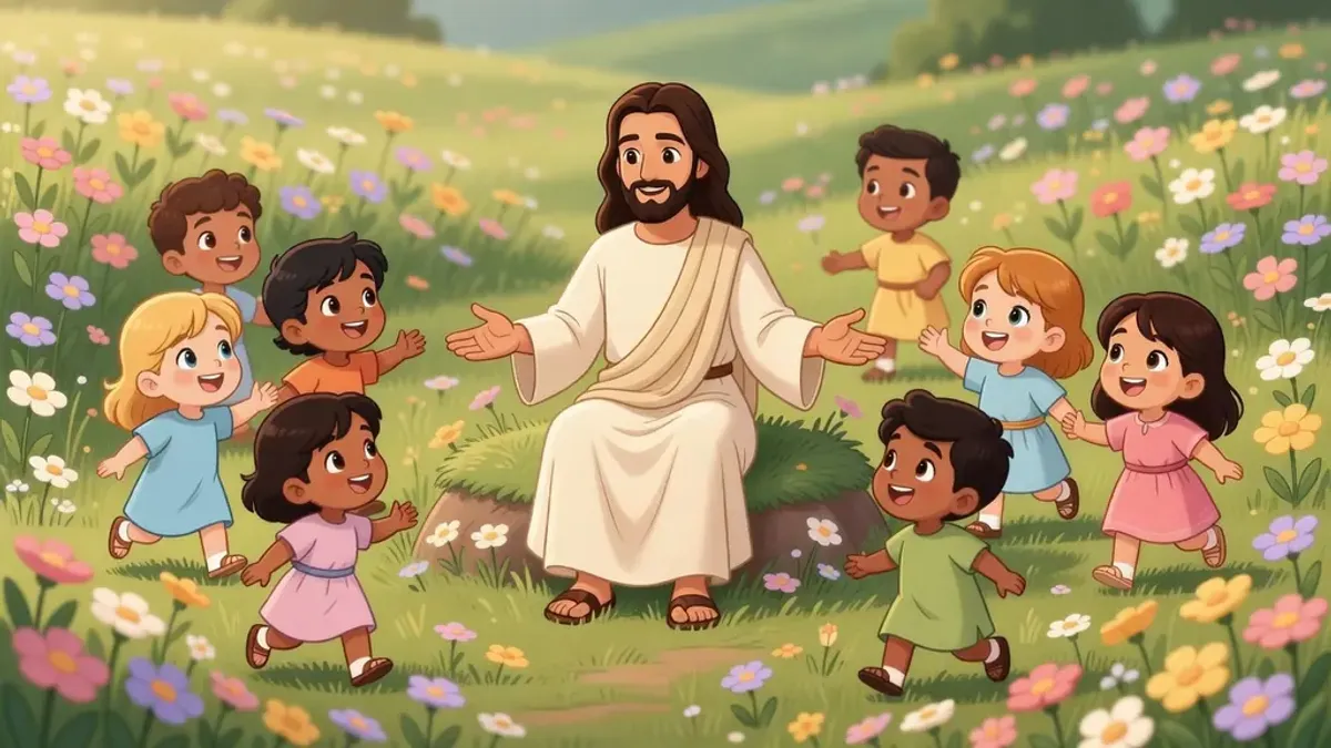 Niños corriendo felices hacia Jesús en un campo de flores